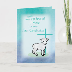 Cartão Neece First Confessão Lamb Cross em Teal & Purple