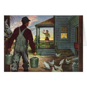 Cartão Negócios Vintage, Fazenda com Agricultor e Galinha