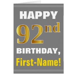 Cartão Negrito, Cinza, Faux Dourado 92º Aniversário com C