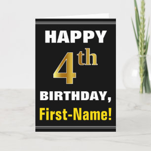Cartão Negrito, Preto, Faux Dourado 4º Aniversário com Ca