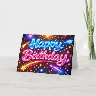 Cartão Neon Feliz Aniversário Fogos de Artifício e Estrel