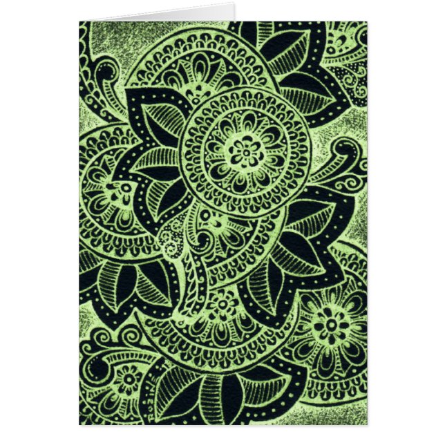 Cartão Neon Green Black Damask India Mandala Vazio (Frente)