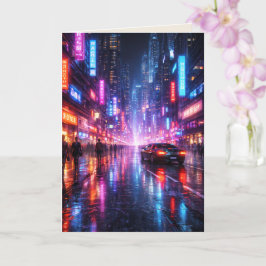 Cartão Neon-Lit Cyber Punk City at Night Blank Art Card
