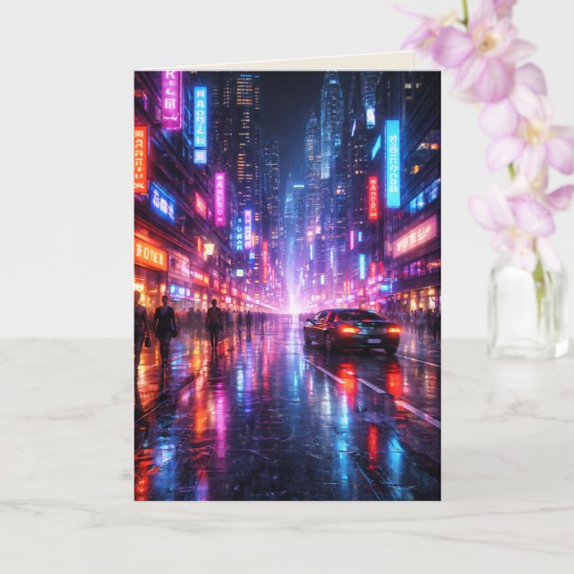 Cartão Neon-Lit Cyber Punk City at Night Blank Art Card (Orquídea)