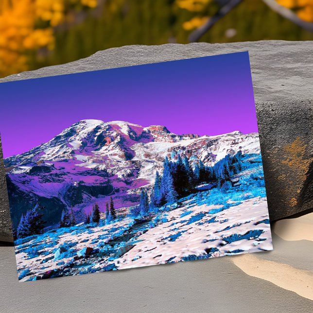 Cartão Neon Pink Purple Mountain Mt. Rainier Washington (Neon surreal mount Rainier greeting card pink purple blue)