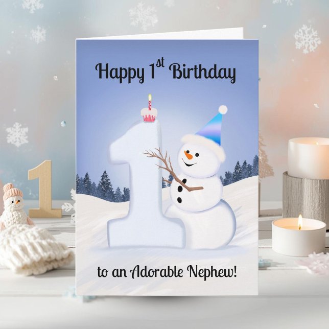 Cartão Nephew Happy 1st Birthday Snowman Building (Criador carregado)