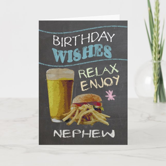 Cartão Nephew Trendy Chalk Board Effect, With Beer Burger (Frente)