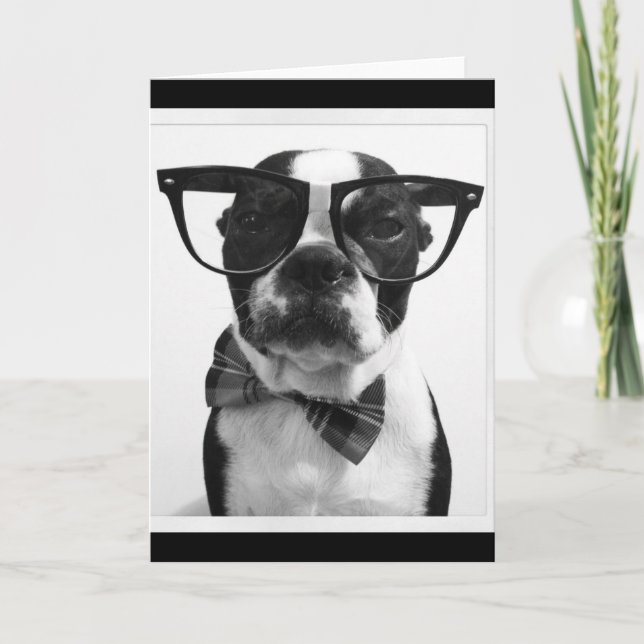 Cartão Nerd Boston Terrier do hipster de B&W (Frente)