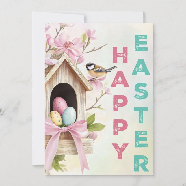 Cartão Nestled Blessings – Easter Birdhouse Charm (Frente)