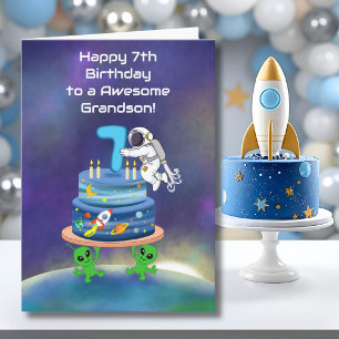 Cartão Neto Feliz 7º Aniversário Astronauta com Resfriado