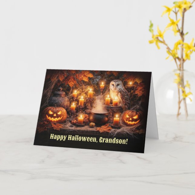 Cartão Neto Feliz Halloween com Coruja e Velas  (Flor Amarela)