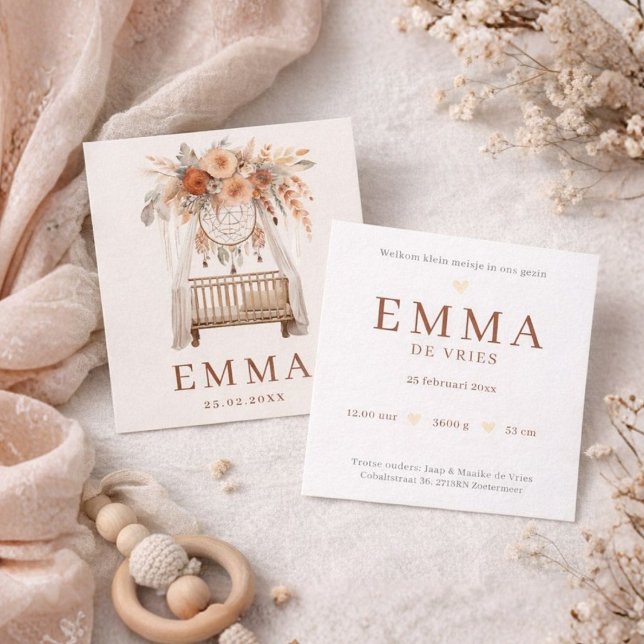 Cartão Neutraal Boho Wieg Bloemen  Aardetinten geboorte (Criador carregado)
