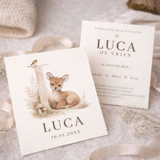 Cartão Neutraal geboortekaartje hertje monogram L 
