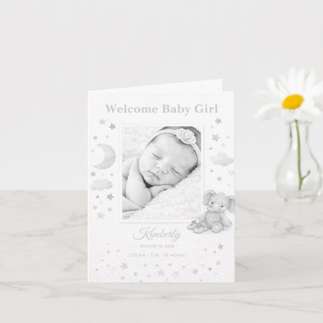 Cartão Neutral Gray Elephant Baby Girl Birth Announcement (Planta pequena)