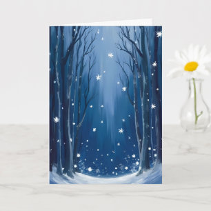 Cartão Neve Caindo Floresta de Inverno Azul Pintada Aquar