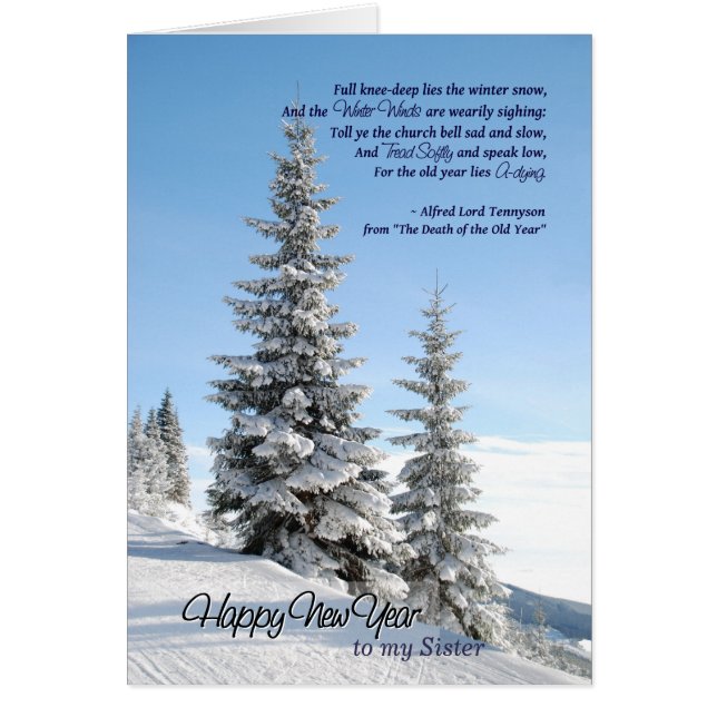 Cartão Neve de Ano Novo em Coníferas para Poema Irmã Tenn (Frente)