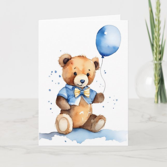 Cartão New Baby Teddy Bear With Blue Balloon (Frente)