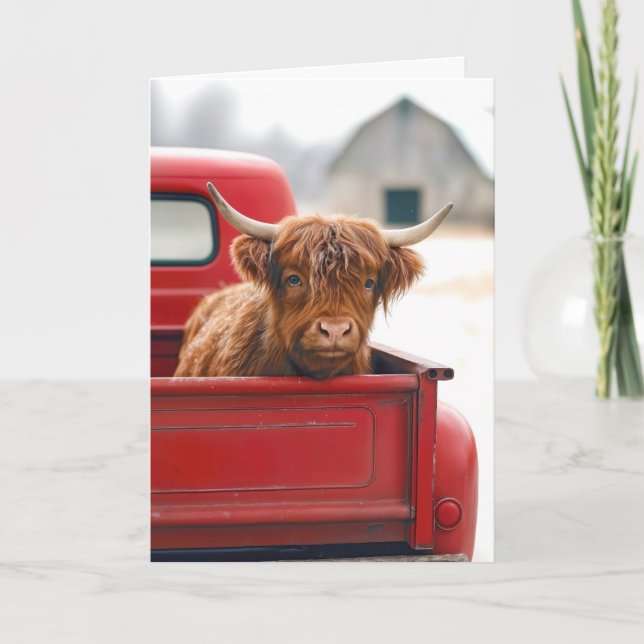 Cartão New House Highland Cow In a Red Retro Pickup Truck (Frente)