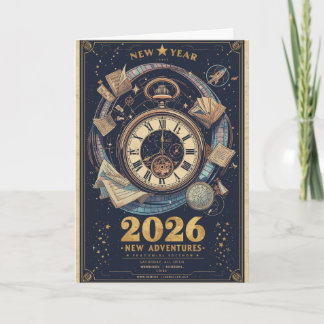 Cartão New Year 2026 Time Travel Vintage Greeting