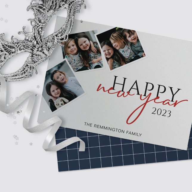 Cartão New Year Three Photo Snapshots Navy Silver Paper   (Criador carregado)