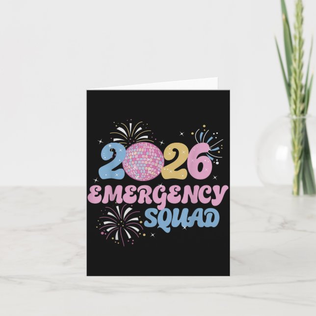 Cartão New Years 2026 Eve Emergency Squad Disco Ball Fire (Frente)