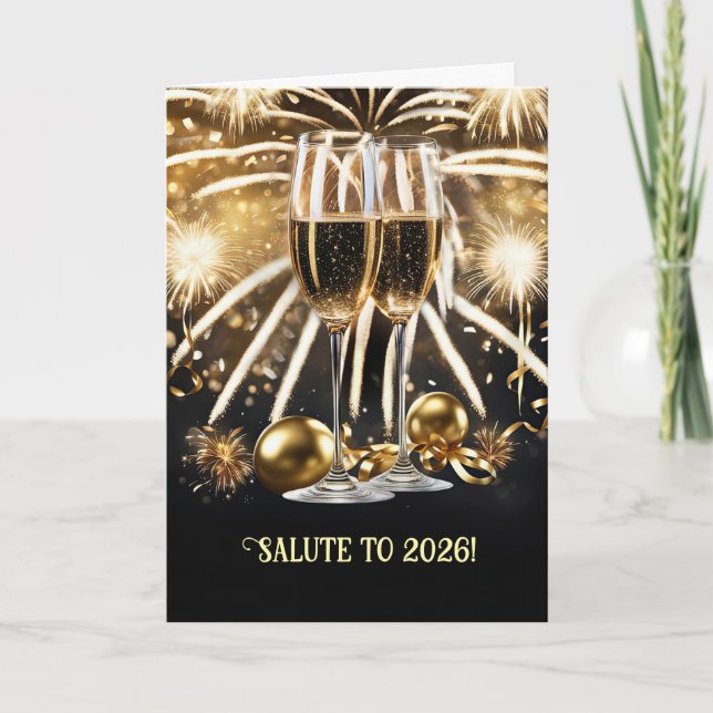 Cartão New Years Cheers Salute 2026 Champagne Fireworks  (Frente)