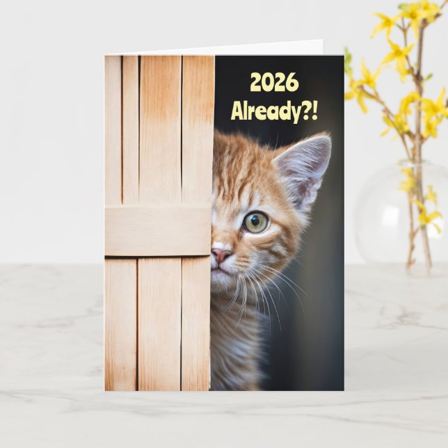 Cartão New Years Cute Funny 2026 Ginger Orange Kitten  (Flor Amarela)