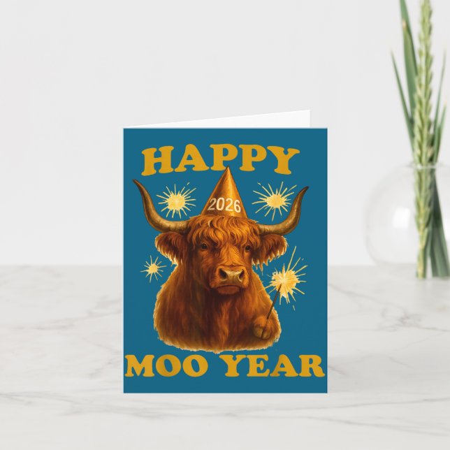 Cartão New Years Highland Cow Scottish Nye Party Farm Ani (Frente)