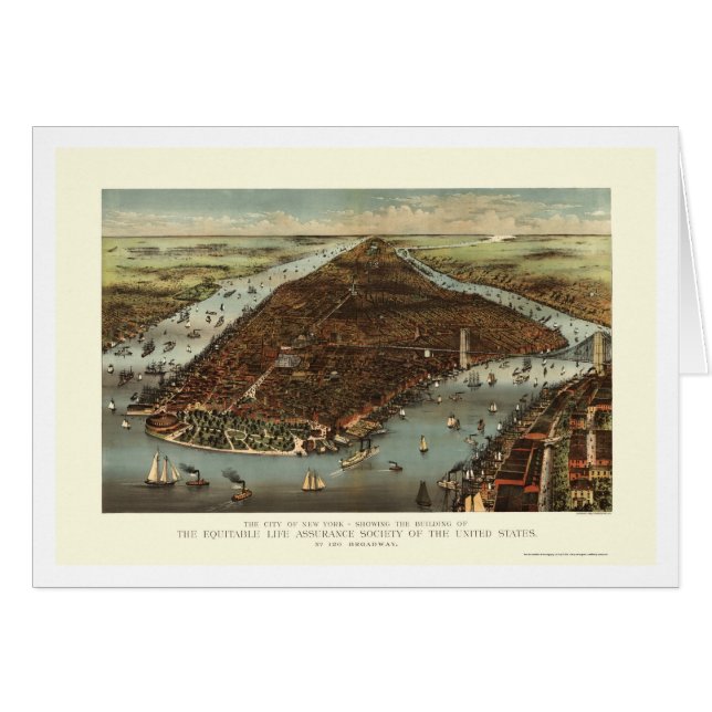 Cartão New York, mapa panorâmico de NY - 1883 (Frente Horizontal)