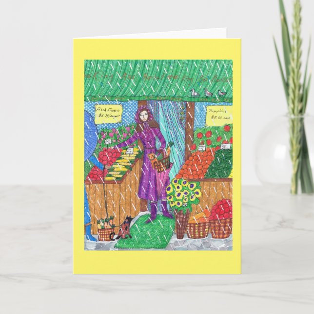 Cartão New York Market Greeting Card with Woman and Cat (Frente)