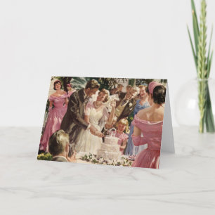 Cartão Newlyweds do casamento vintage Noivo Corte o Bolo