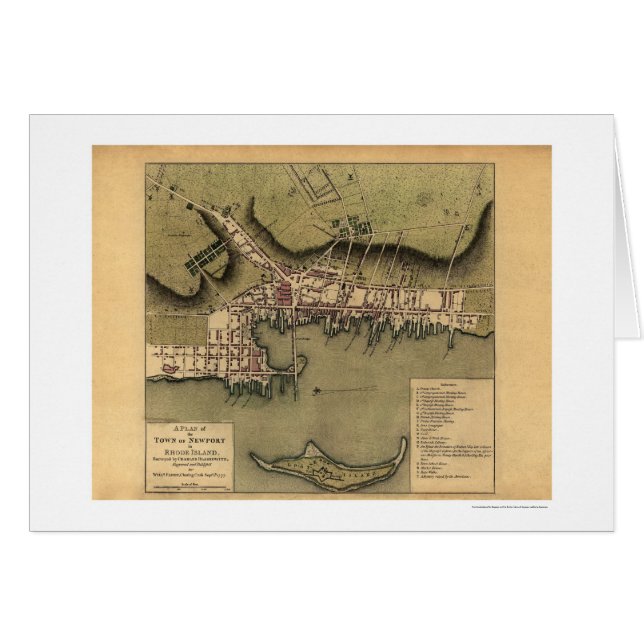 Cartão Newport, mapa da cidade de RI - 1777 (Frente Horizontal)