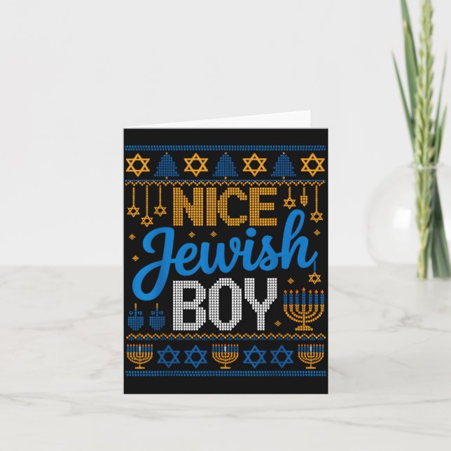 Cartão Nice Jewish Boy Hanukkah Menorah Dreidel Ugly Swea (Frente)