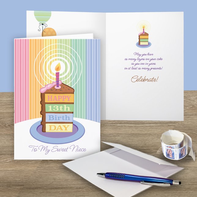 Cartão Niece 13 Birthday 4 Fatia De Bolo Em Camadas (Criador carregado)