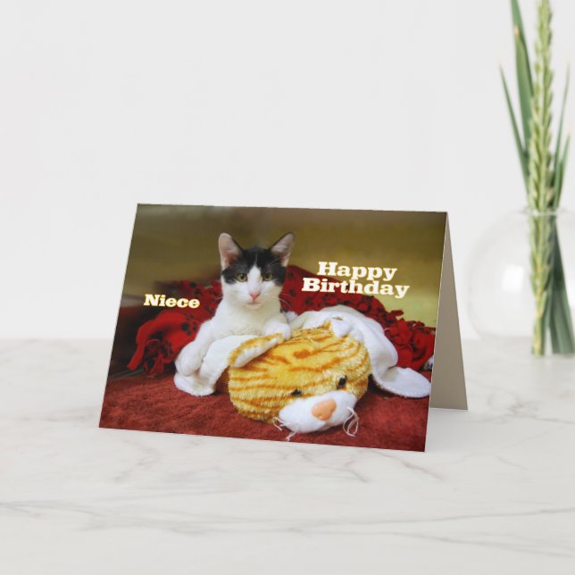 Cartão Niece Happy Birthday Kitten com Toy Tiger (Frente)