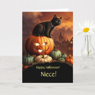 Cartão Niece Happy Halloween Black Cat e Pumpkins