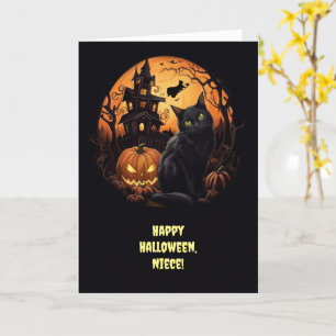 Cartão Niece Happy Halloween Black Cats Pumpkins