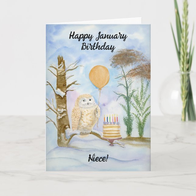 Cartão Niece Happy January Birthday Owl Cake (Frente)