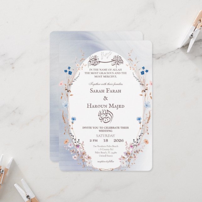 Cartão Nikkah Muçulmano Bismillah Azul e Dourado (Frente/Verso In Situ)