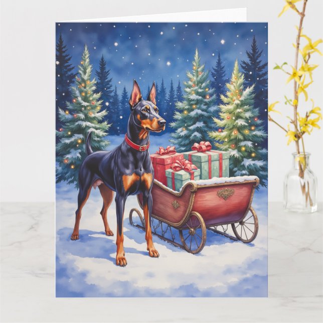 Cartão Noble Doberman Guarding Christmas Sleigh Winter (Flor Amarela)