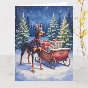 Cartão Nobre Doberman Guardando Trenó de Natal Inverno