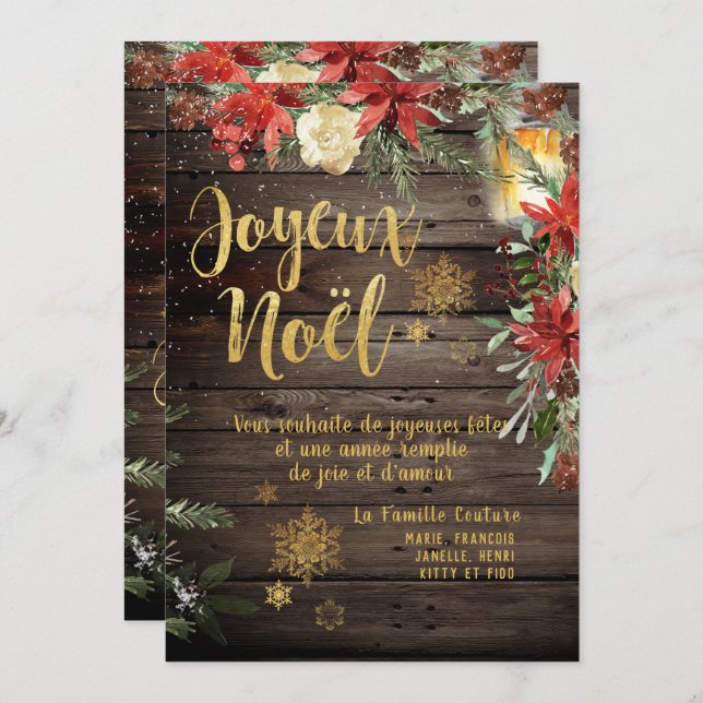 Cartão Noel Joyeux Francês para Caligrafia Dourada (Frente/Verso)