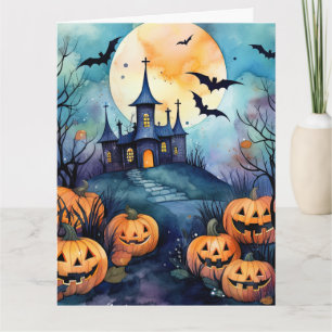 Cartão Noite de Halloween, Lua Cheia Jack O’Lanterns Bats