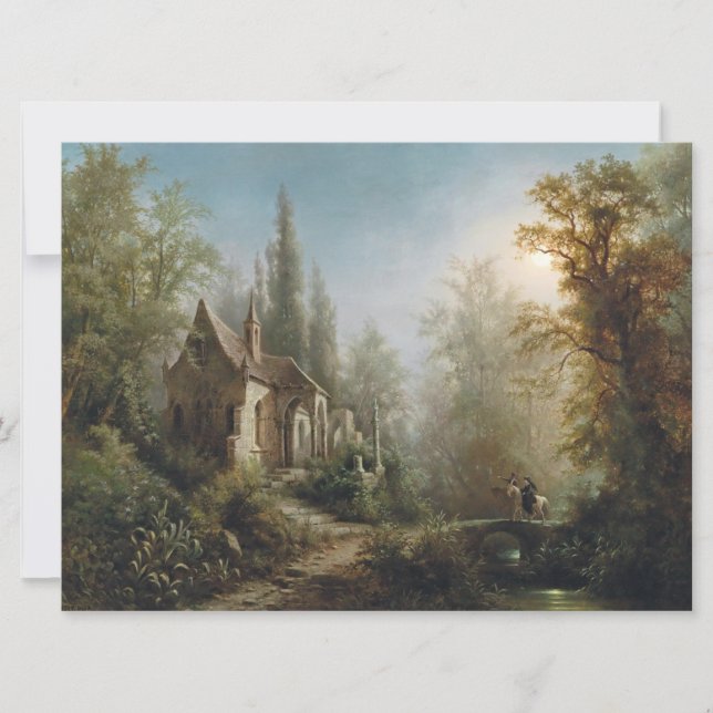 Cartão Noite de Lua sobre Capela e Cavaleiros (Frente)