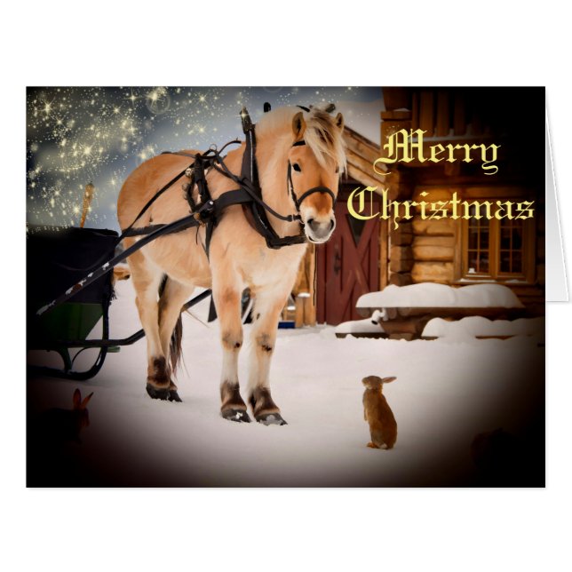 Cartão Noite de Natal estrelado na fazenda com cavalo (Frente horizontal)