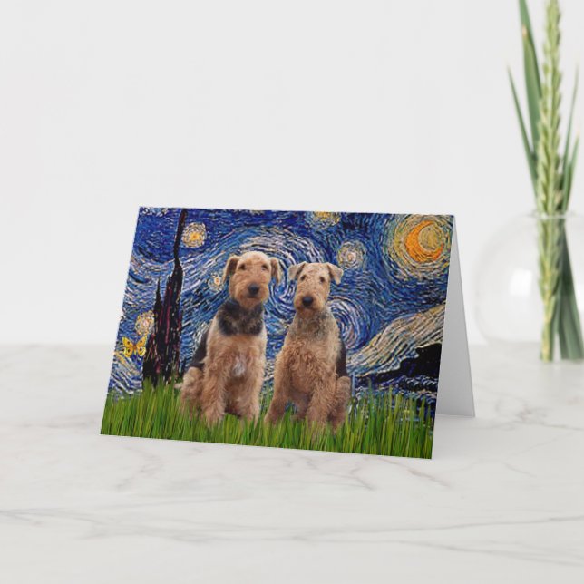 Cartão Noite Estrelada - Airedale Terriers (dois) (Frente)