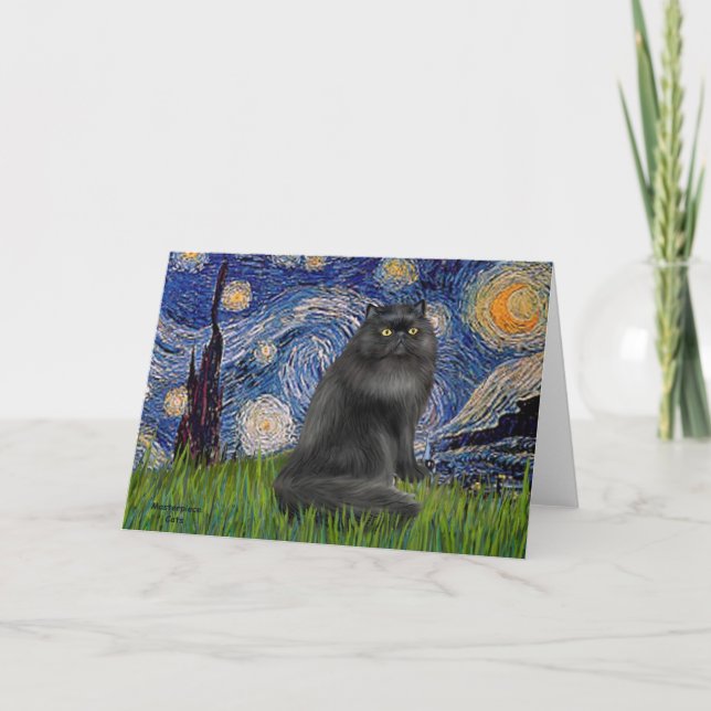 Cartão Noite Estrelada - gato Persa preto (Frente)