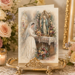 Cartão Noiva Católica Vintage no Altar Mariano Casamento
