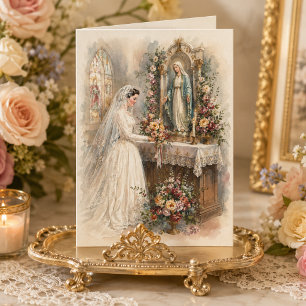 Cartão Noiva Católica Vintage no Altar Mariano Casamento
