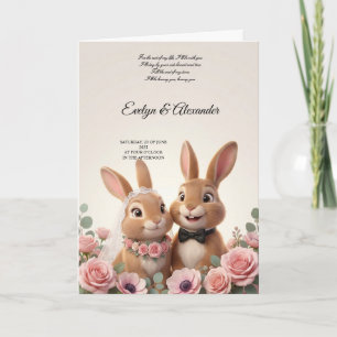 Cartão Noiva e Noivo Coelhinhos Fofos com Floral Rosa Cla